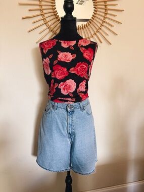 I.N. Studio Black Tank Top with Red & Pink Rose Print